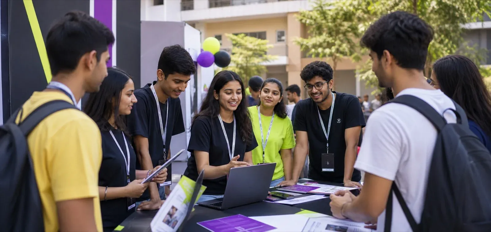 Labsity campus ambassadors at a stall on campus, showing students the platform on a laptop